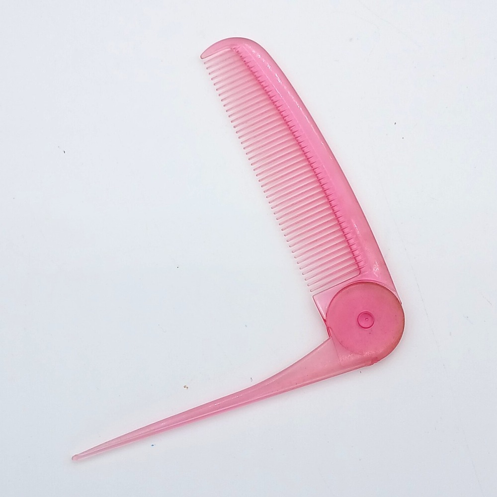 Vintage 70s PINK Folding Rat Tail Comb translucent for pocket travel RARE
